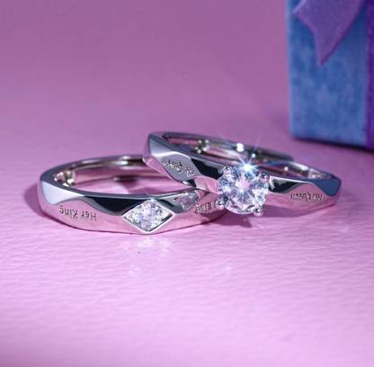 Valentine King Queen Adjustable Couple for Girls and Women Stainless Steel Zircon Sterling Silver Plated Ring Set